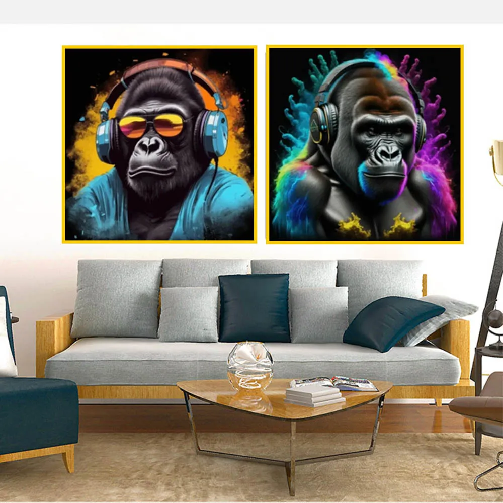 Cartoon Orangutan Monkey With Headphones Colorful Canvas Painting Home Decor Bedroom Picture Poster For Modern Living Room Decor