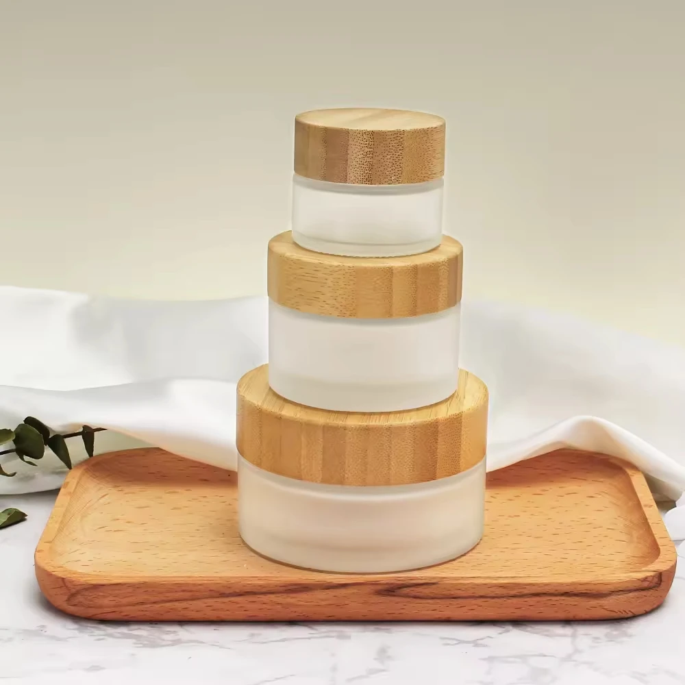 

Glass Cosmetic Jars with Bamboo Lid Refillable Cosmetic Cream Container in a Classy Jar Face Cream Glass with Bamboo Custom Lid