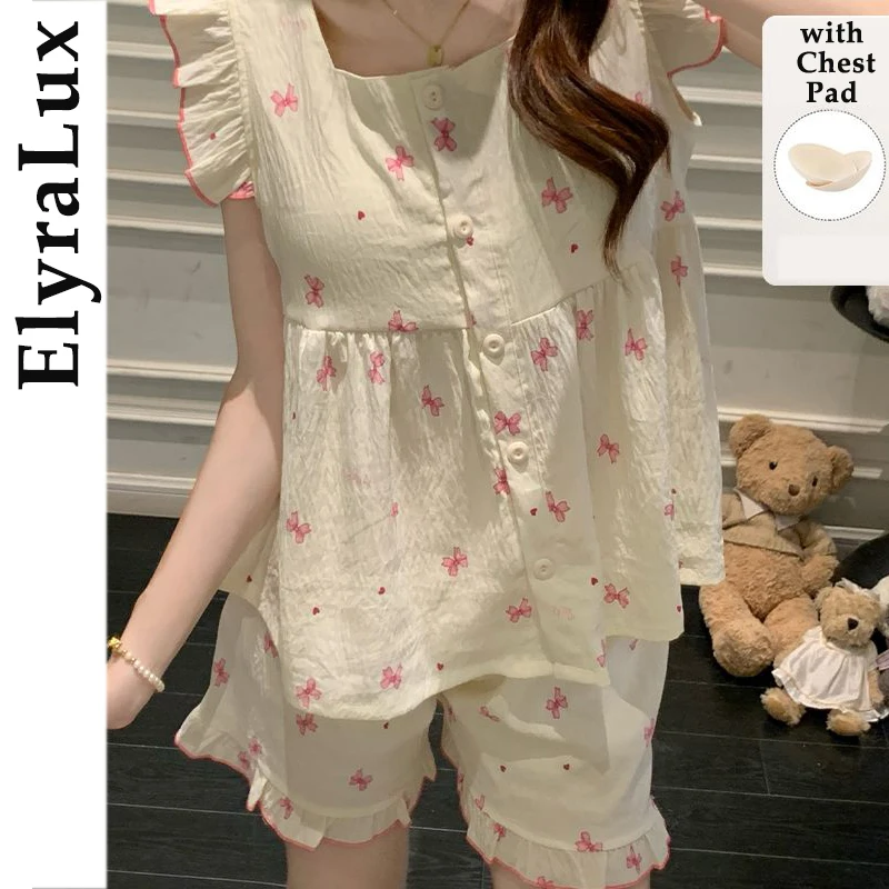 

ElyraLux Summer Cute Bowknot Print Pajama for Woman Sleepwear Set for Women round Neck Short Sleeve Short Pants Home Clothes