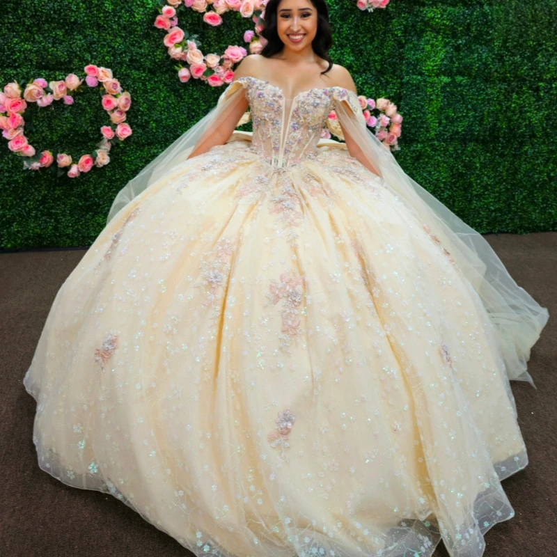 

Champagne Shiny Quinceanera Dresses Ball Gown Off The Shoulder Applique Lace Beading Crystal Corset With Cape Party Birthday