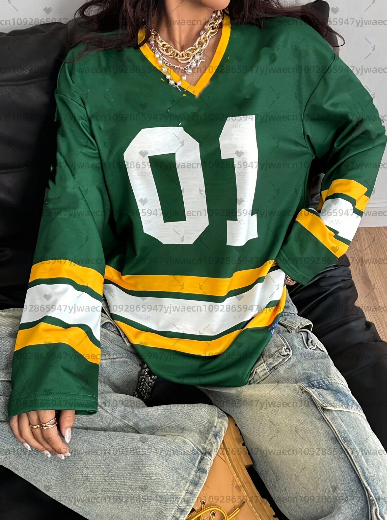 Felpa da donna casual stile college con stampa alfabetica, scollo a V, manica lunga, stile racing, primavera/estate, maglietta/top da moto NO.1