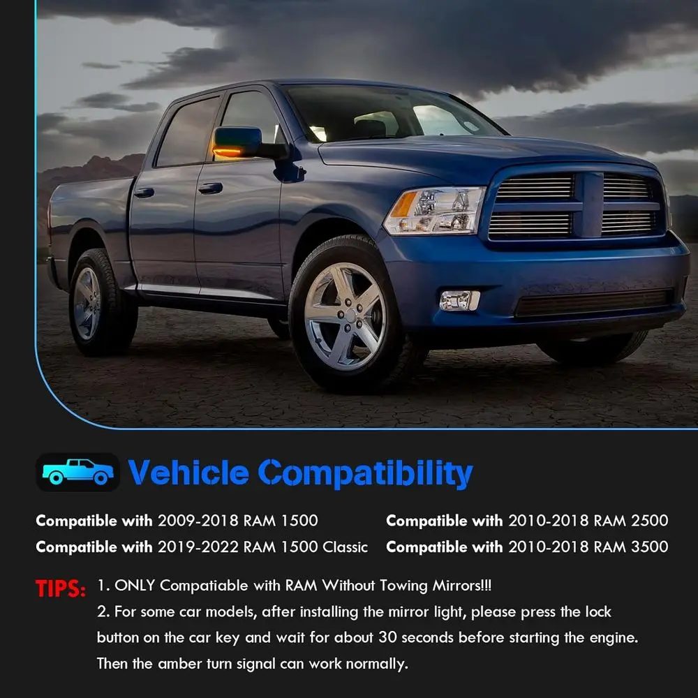 Sequential Amber Turn Signals & White Puddle Lights for 2009-2018 RAM 1500, 2010-2018 2500/3500 LED Side Mirror Replacement