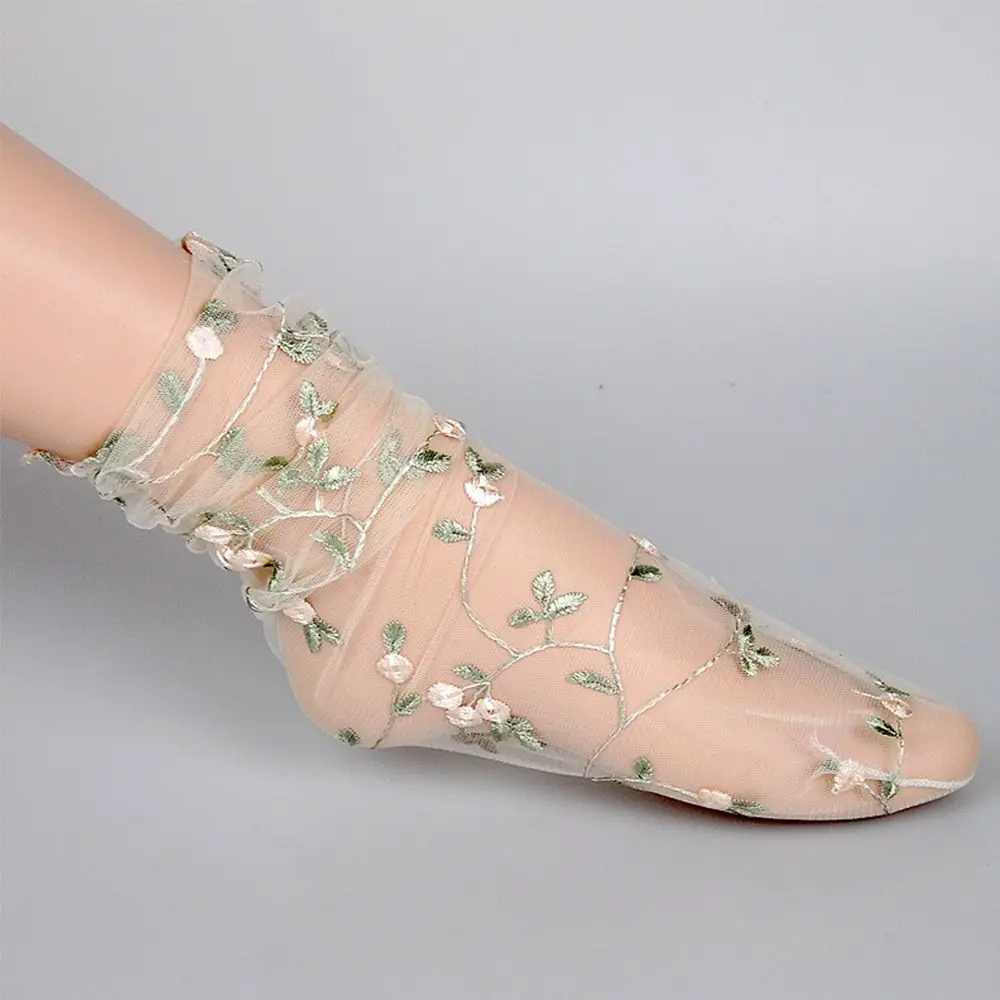 الصيف النساء تنفس التطريز الأزهار الجوارب الطويلة الزهور الجوارب شبكة الجوارب شفافة #6