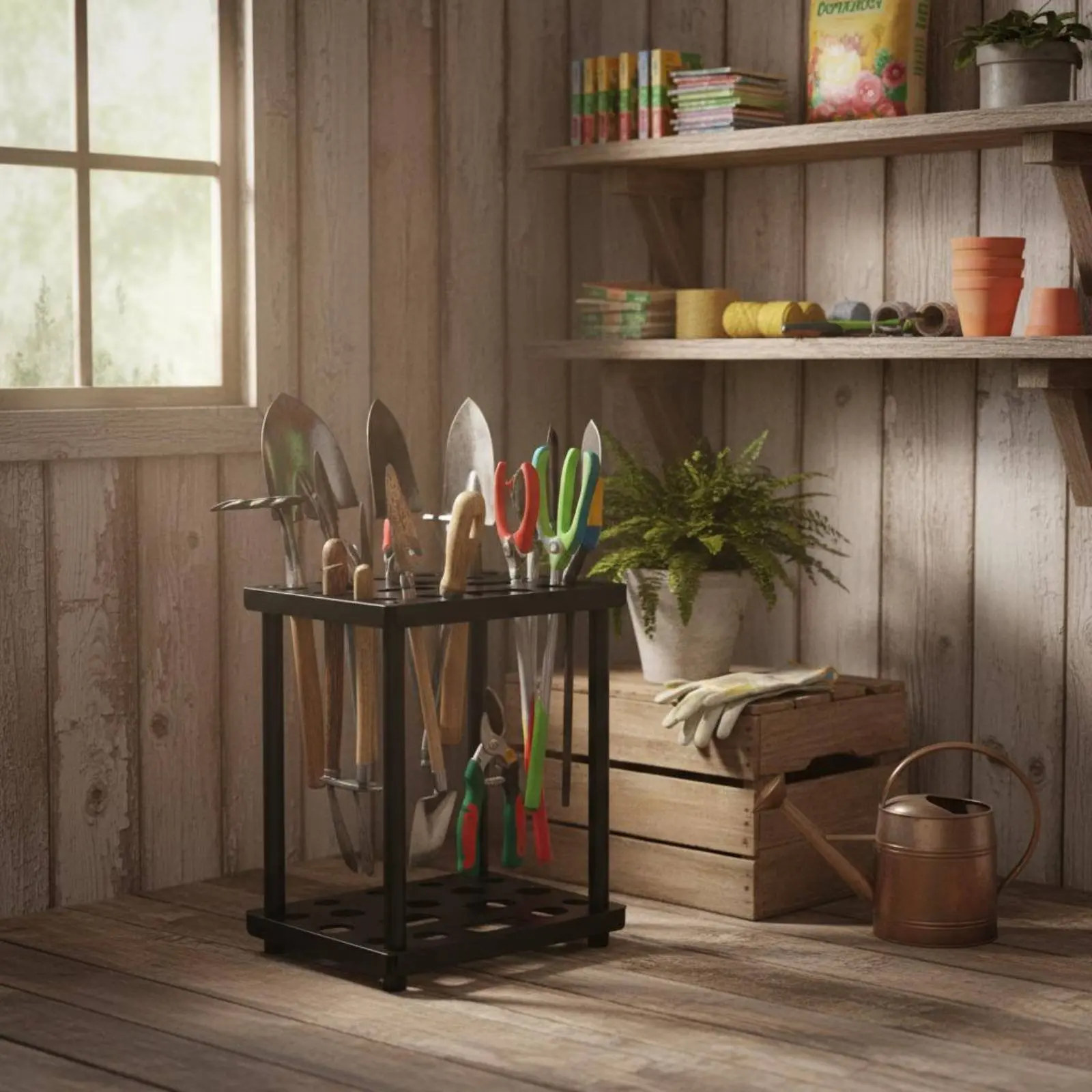 

Yard Tool Rack Powder Coated Garden Tool Organizer Shovel and Rake Organizer Multi Slot Storage Stable Base for Gardeners, Shed