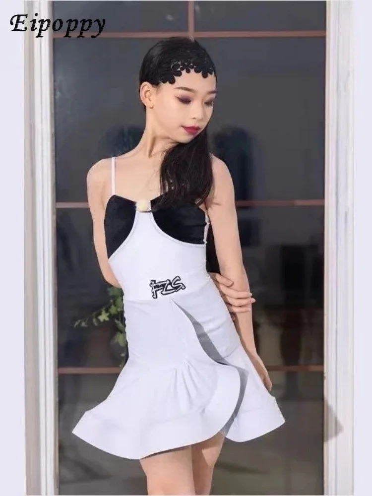 

Girls' Latin Dance Practice Clothes Performance Clothes Black and White Stitching Swing Racing Suit