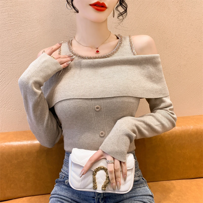 2024 Fall Winter European Clothes Knitted Sweater Chic Sexy O-Neck Button Hollow Out Shiny Beading Women Long Sleeve Tops 41037