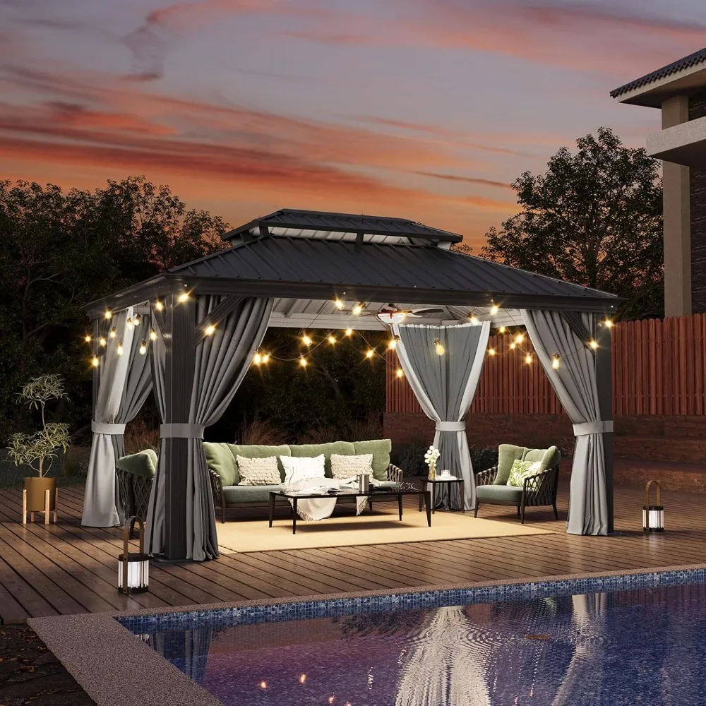 

10' X 14' Hardtop Gazebo with Drainage System, Aluminum Outdoor Gazebo with Galvanized Steel Double Roof, Customized