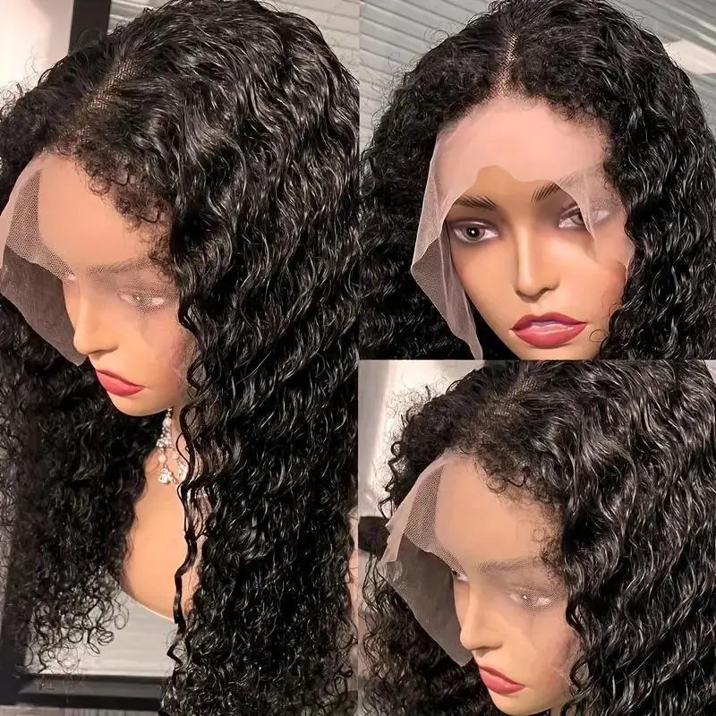 Natural Black  32 Inch 13x6 HD Lace Forehead Deep Wave 13X4 Human Hair Curly High Quality Women's Glueless Wig 180 Density