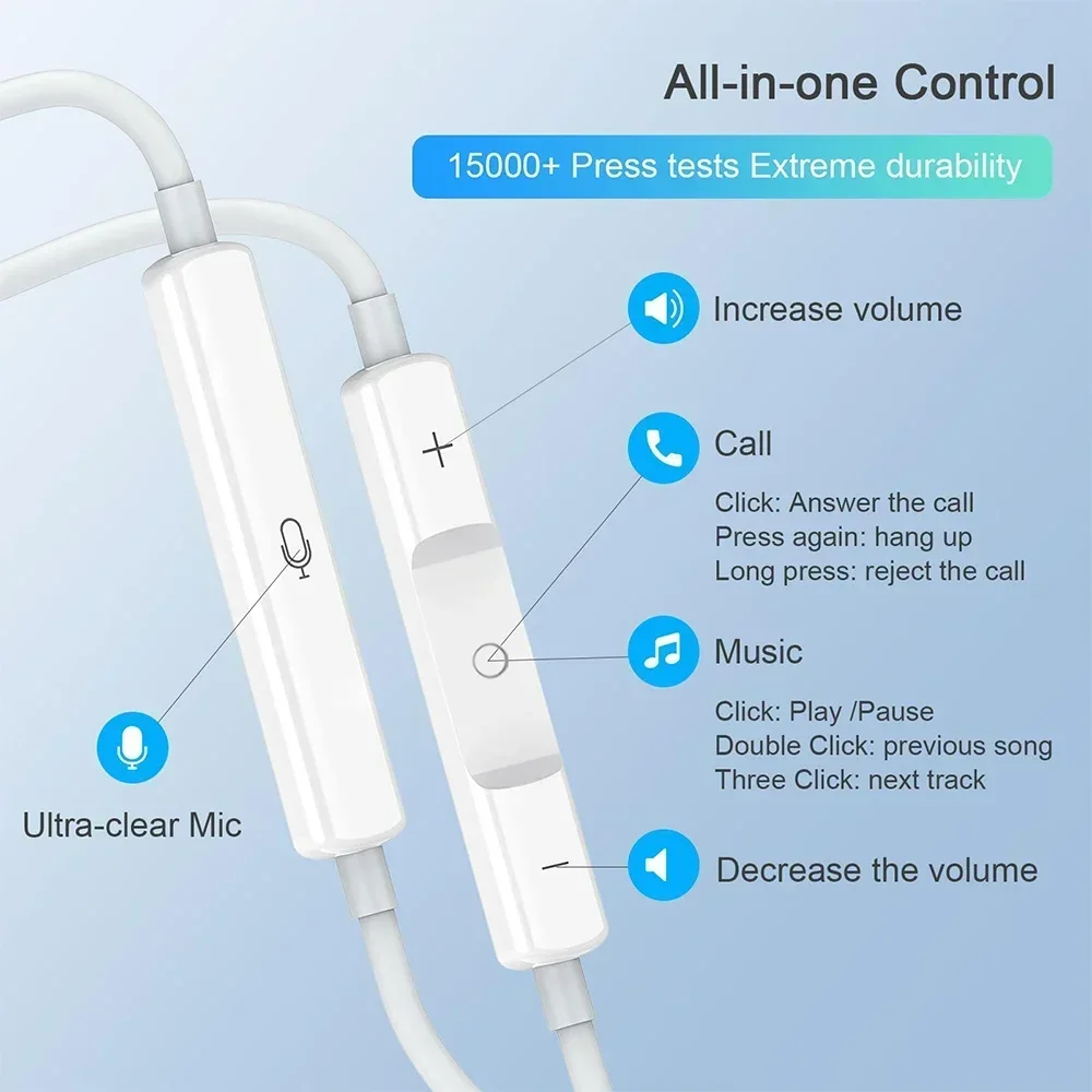 الأصلي داخل الأذن ياربود ل البرق USB C 3.5 مللي متر سماعات الأذن السلكية آيفون 15/14/13/12/11 برو ماكس 7/8Plus X/XR/XS باد