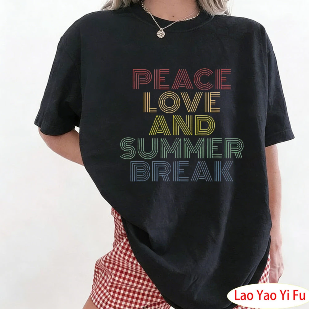 Peace Love and Summer Break Summer Lover T-Shirt Retro Fashion Summer Beach Vacation Clothes Ladies' Casual Wear Women Clothing