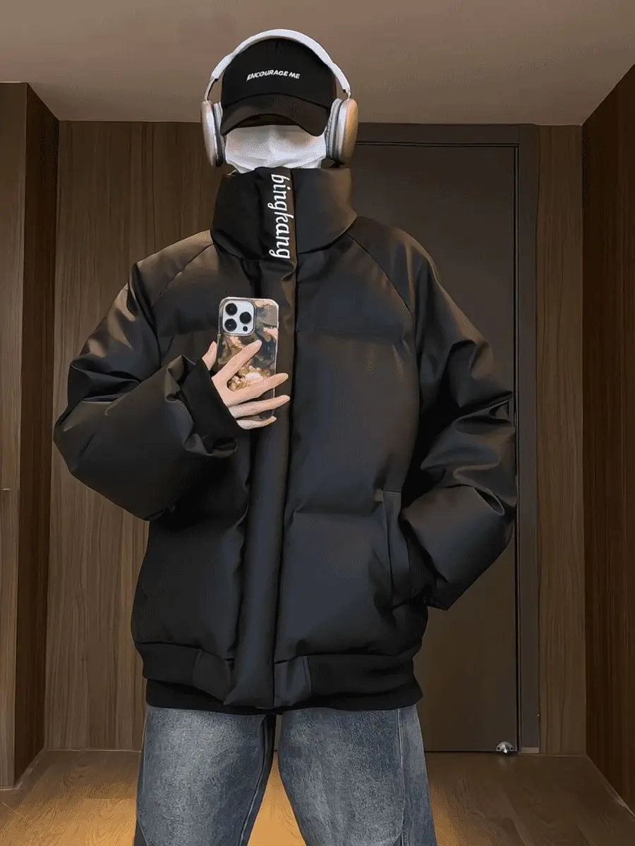 

Men's Winter Thiened Padded Jaet Stand Collar Embroidery PU Leather Cotton Puffer Coat Loose Fit Warm Sli American Br...