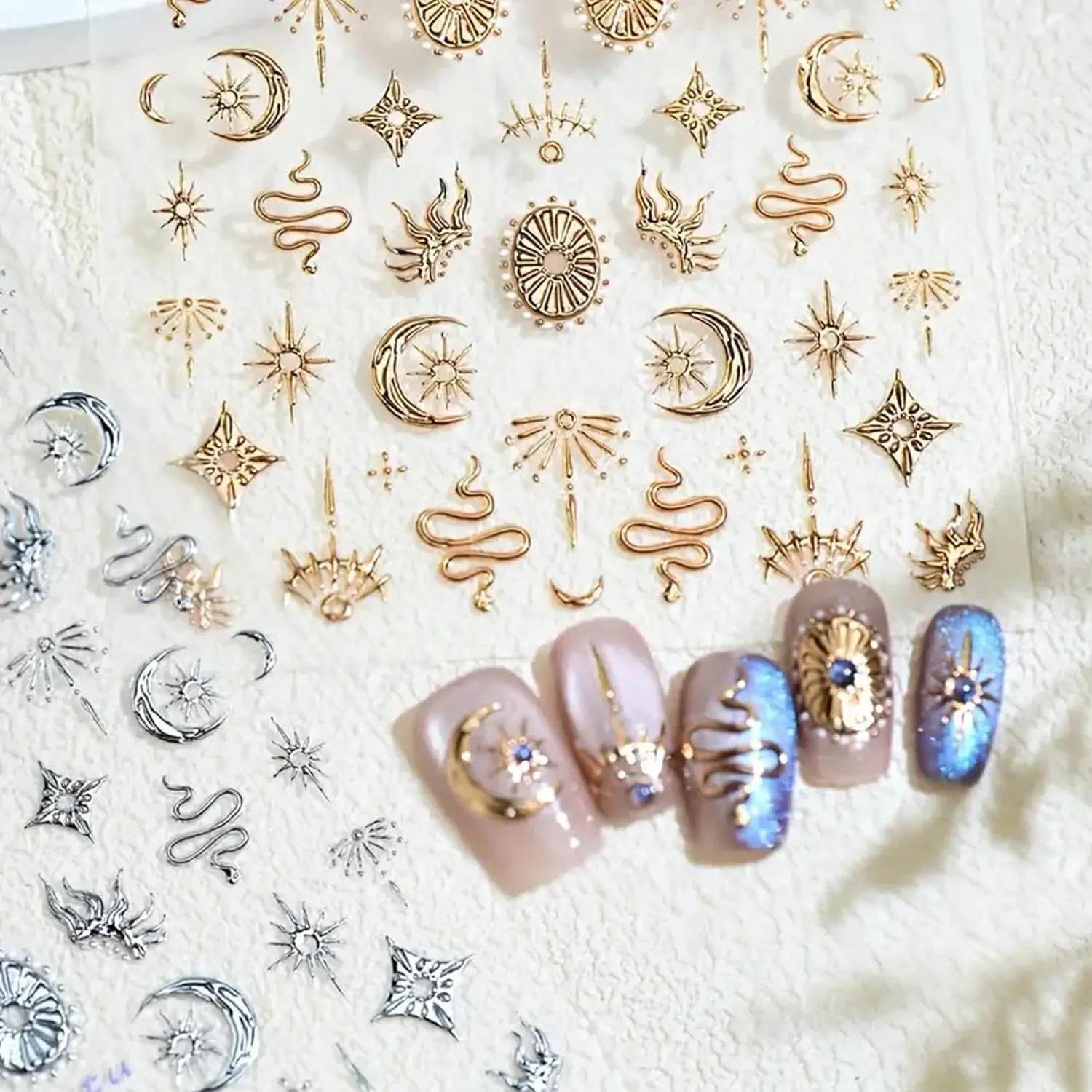 

2 Sheets Gold Boho Nail Stickers, 5D Embossed Star Moon Sun Snake Nail Decals for Nail Art, Self-Adhesive DIY Decorations