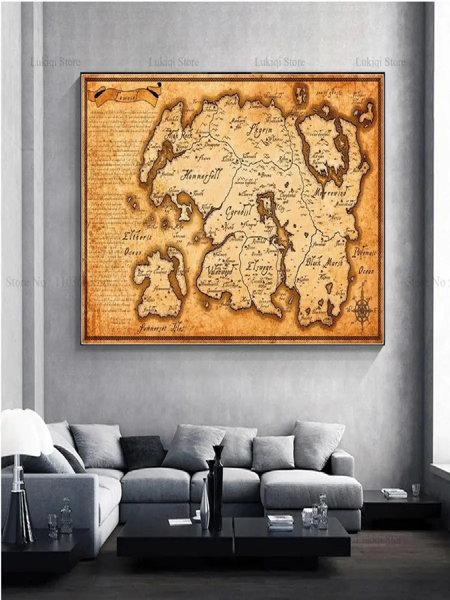 Large Vintage Map Elder Scrolls Skyrim Gaming Poster Prints on Canvas  Wall Art Picture for Living Room Home Decor