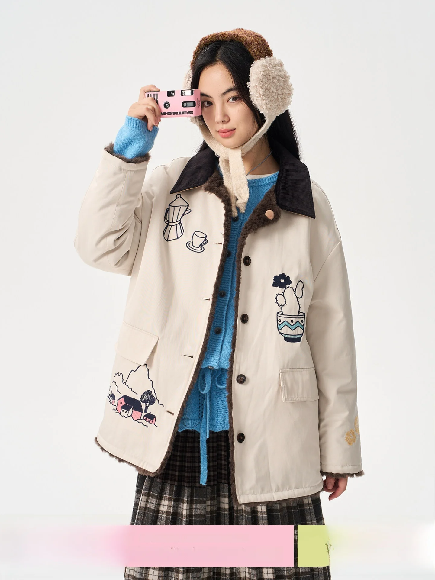 

Heris' Double-Sided Wear Lamb Fur Inner Cotton Parka Jaet Embroidered Warmth Commute Sle Straight Cut Long Sve Co...