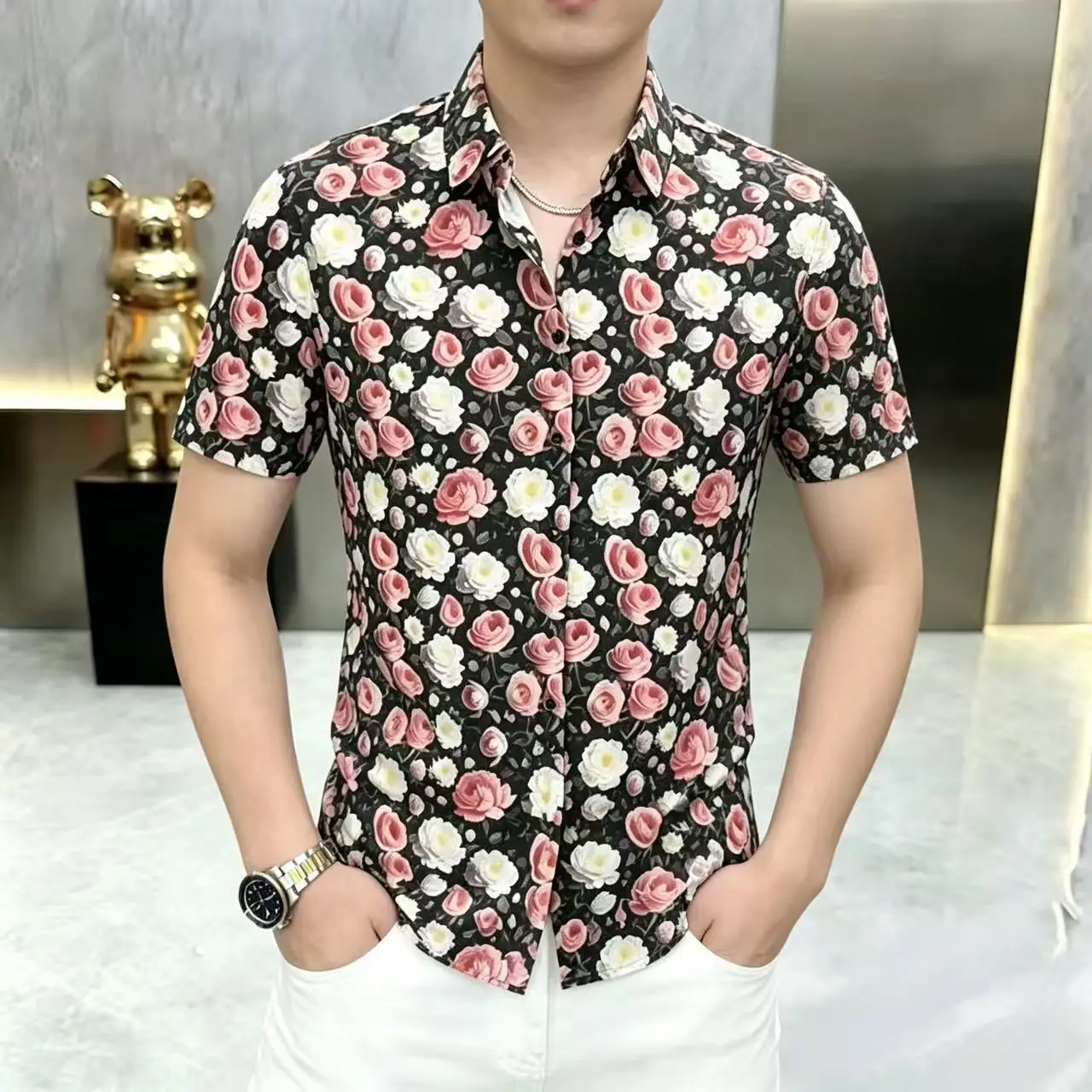 Colorful Floral Luxury Shirts For Men Short Sleeve Casual Trend Summer Quality Polyester Blend Comfortable Fit Camisas De Hombre