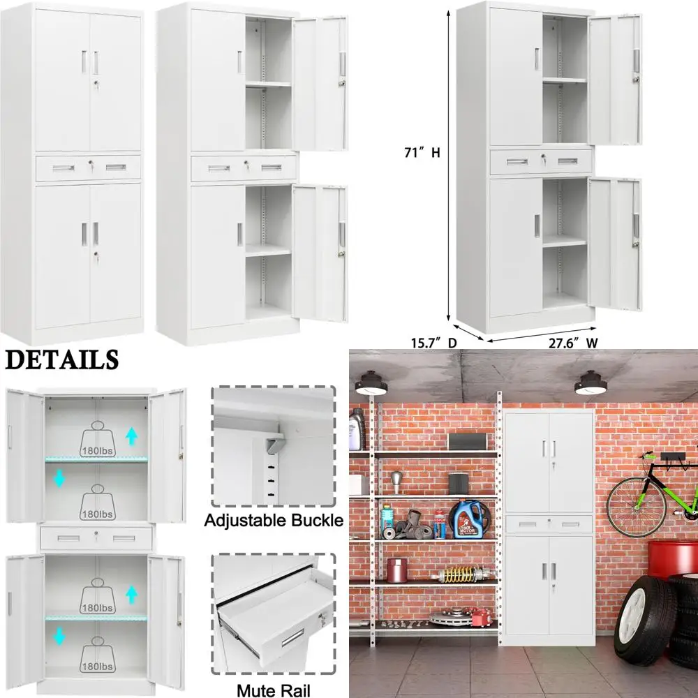 서랍과 조절 가능한 선반이 있는 차고 보관 캐비닛, 흰색, 작업장, 가정 및 학교 정리에 이상적