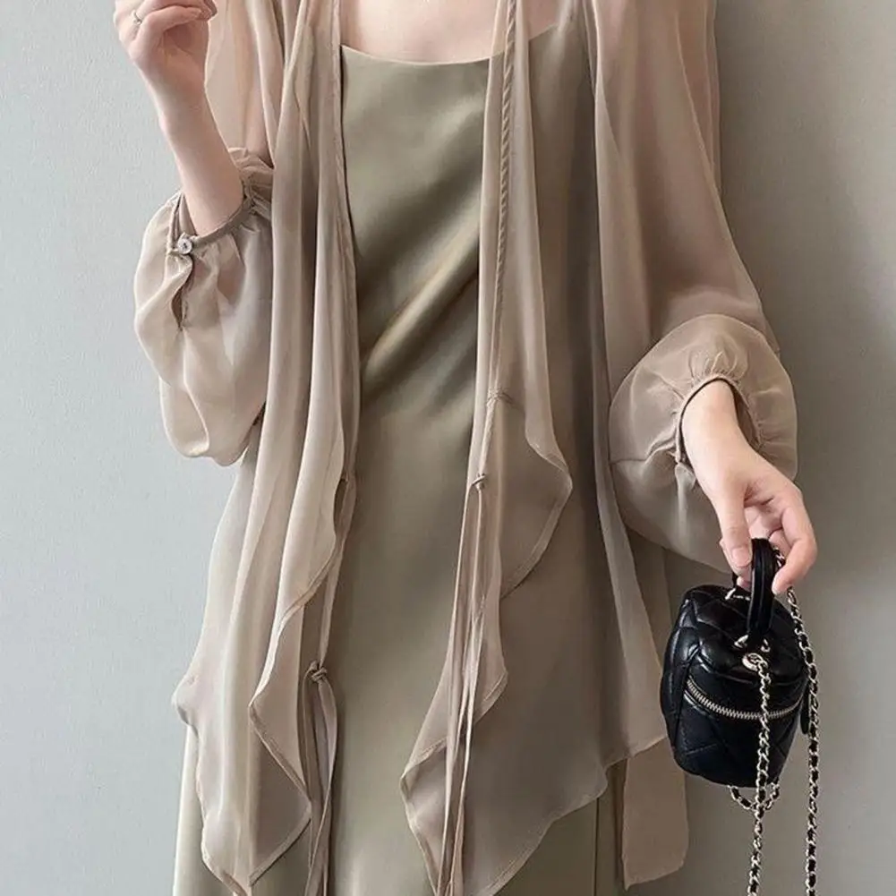 Women's Chiffon Sun Protection Cardigan with Lace-up Detail Irregular Hem Lantern Long Sleeve Outerwear for Summer