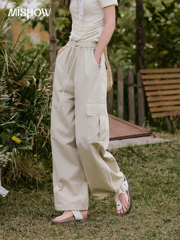 MISHOW Apricot Cargo Pants for Women in Summer 2025 Lace Patchwork Casual Pants Drawstring Elastic Waisted Trousers MXE33K0935
