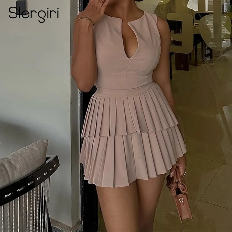 

Slergiri женское однотонное элегантное плиссированное короткое платье 2021, летние модные офисные женские платья трапециевидной формы с высокой талией и молнией сзади