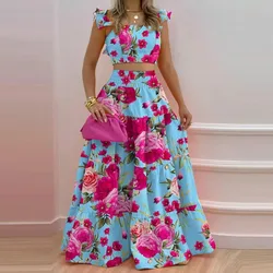 Two Piece Skirt Sets Women Print Dot Ruffles A Line Long Skirts High Waist Casual Half Sleeve Tops Suits Elegant Lady 2024