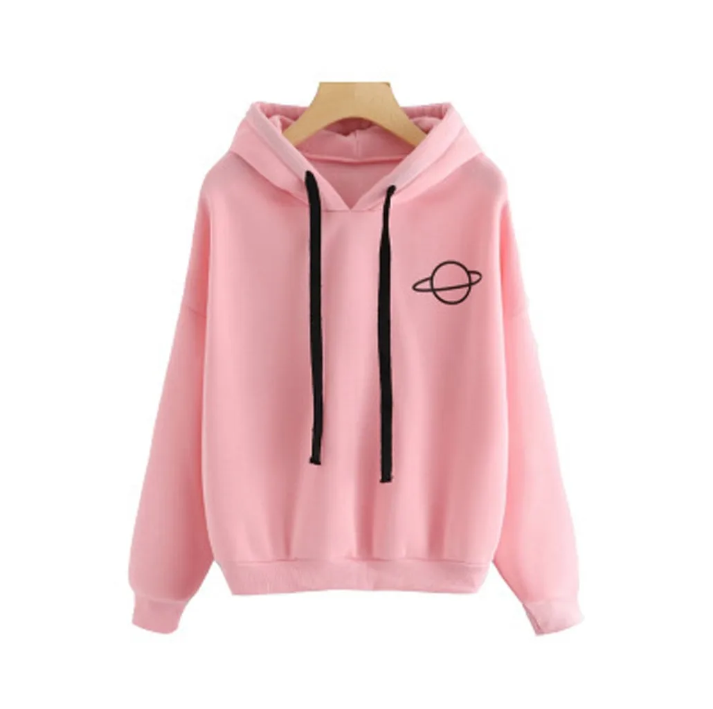 Cute Planet Graphic Hoodie For Women Loose Hooded Tops Trendy Printed Hooded Solid Color Pullover Fleece Drawstring Sweatshirt