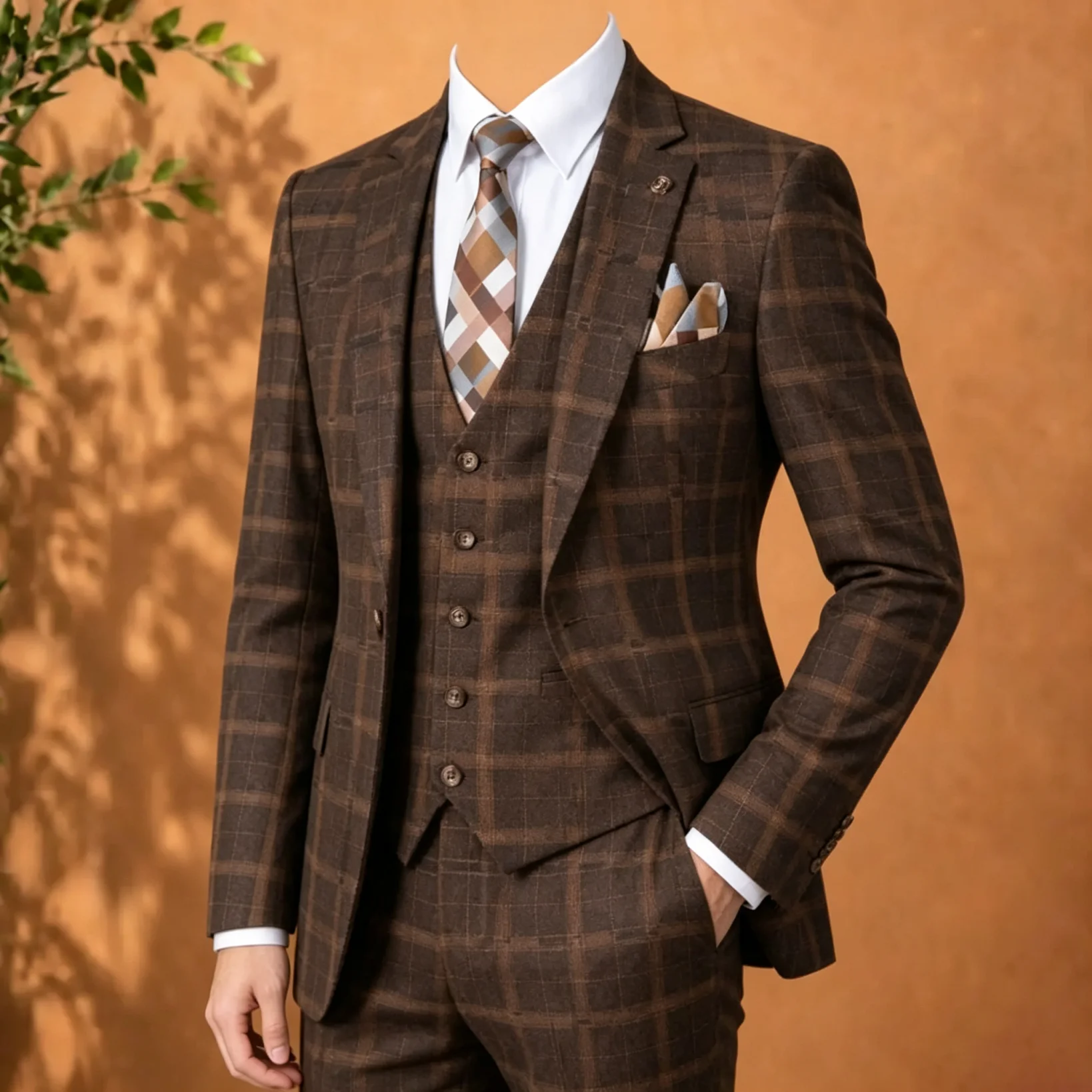 エレガントなブラウンのプレイド柄メンズ3ピーススーツ（ジャケ - Men Formal Wear Brown のレビューと価格
