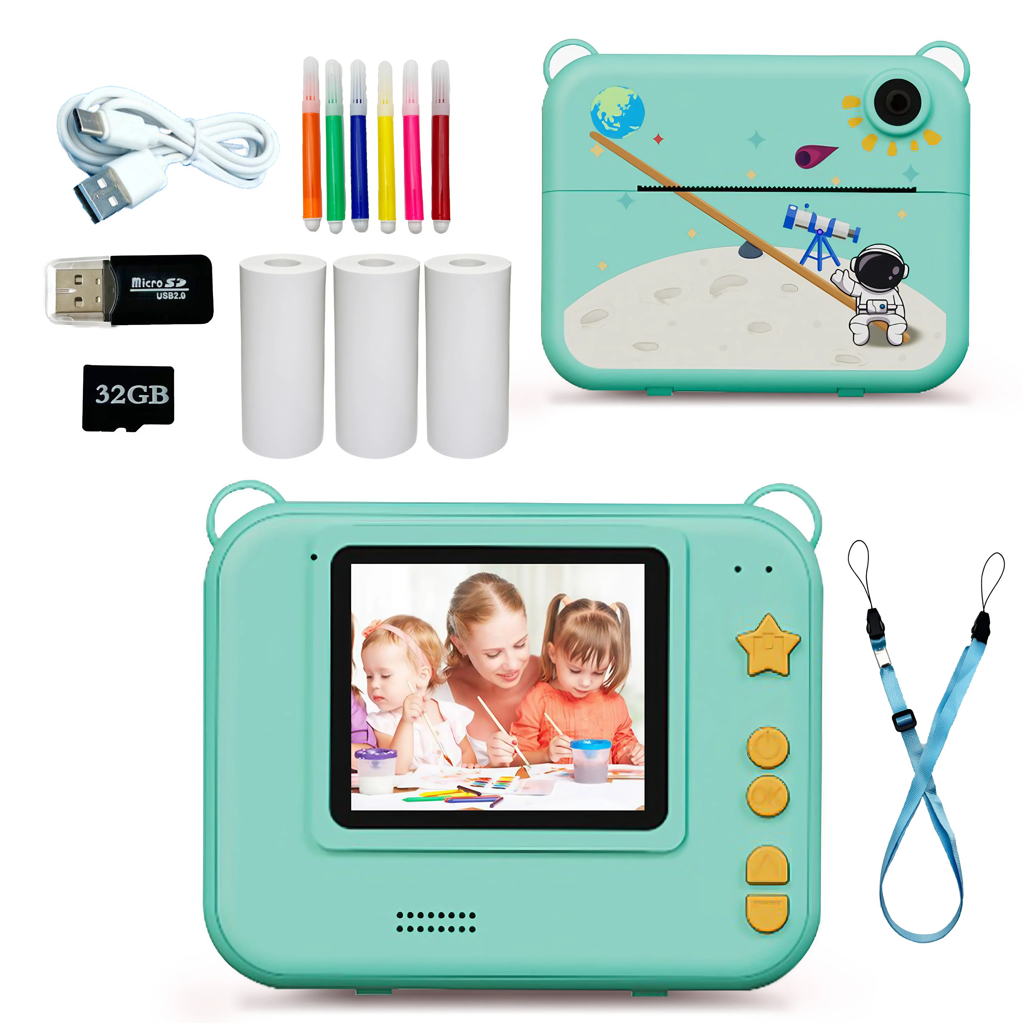 Aparat fotograficzny dla dzieci z kamerą 32 GB i kolorowymi długopisami i smyczą do zdjęć i filmów i gier z ekranem HD 1080P | Idealny prezent dla chłopców i dziewcząt