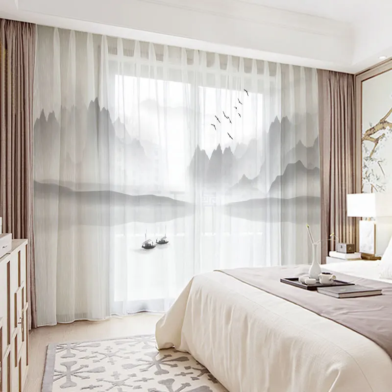 

Custom Chiffon Sheer Curtain Window Drape for Bedroom Living Room Mountain Hills River Boat Birds Landscape