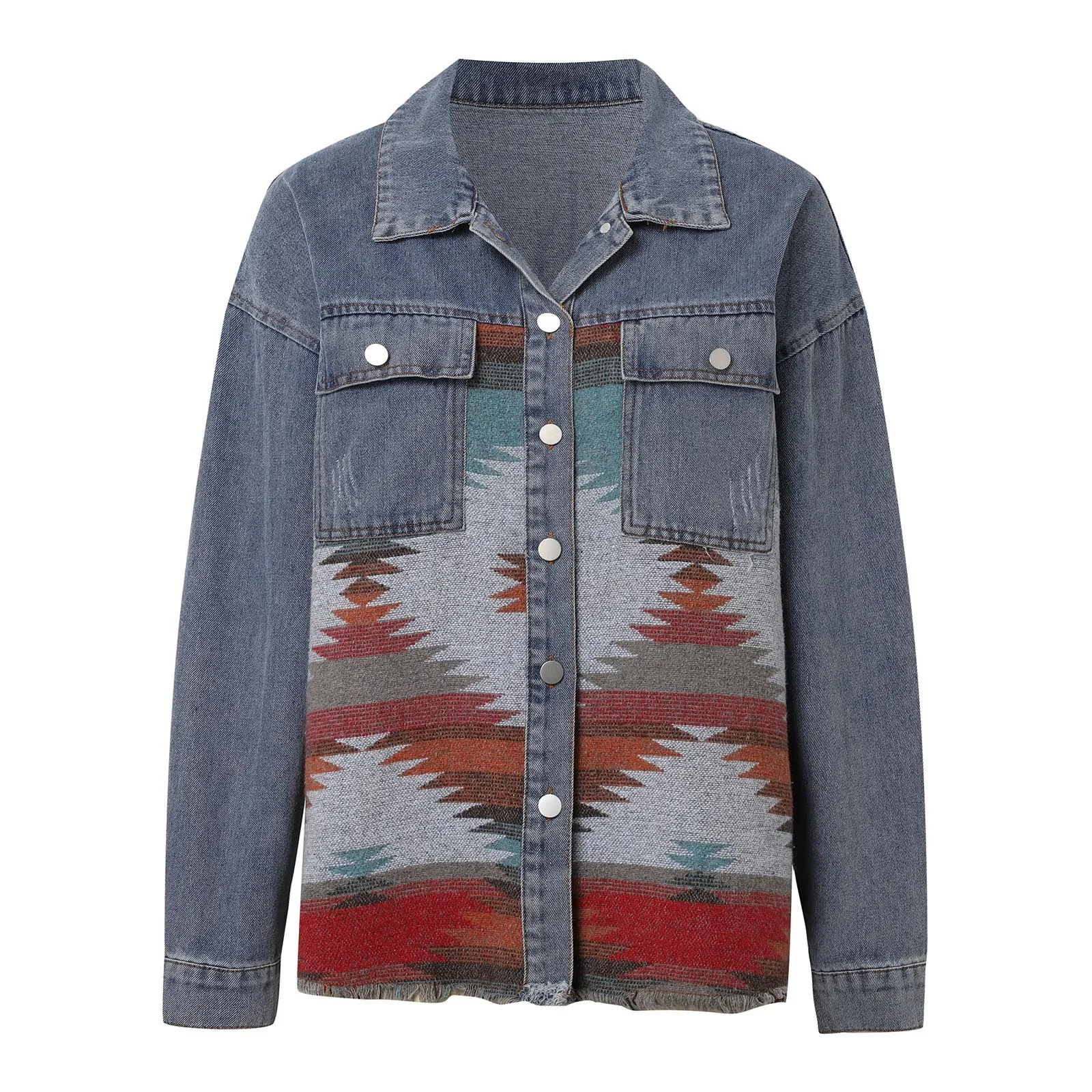 Cowboy Patchwork Tweed Jacket Vintage Raw Edge Mid-Length Jacket Retro Furred Y2k Mid-Length Jacket Women Denim Jacket Women