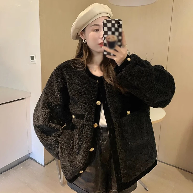 Women's Warm Coat Korean Version Autumn Winter O Neck Contrasting Colors Single Breasted Berber Fleece Overcoat