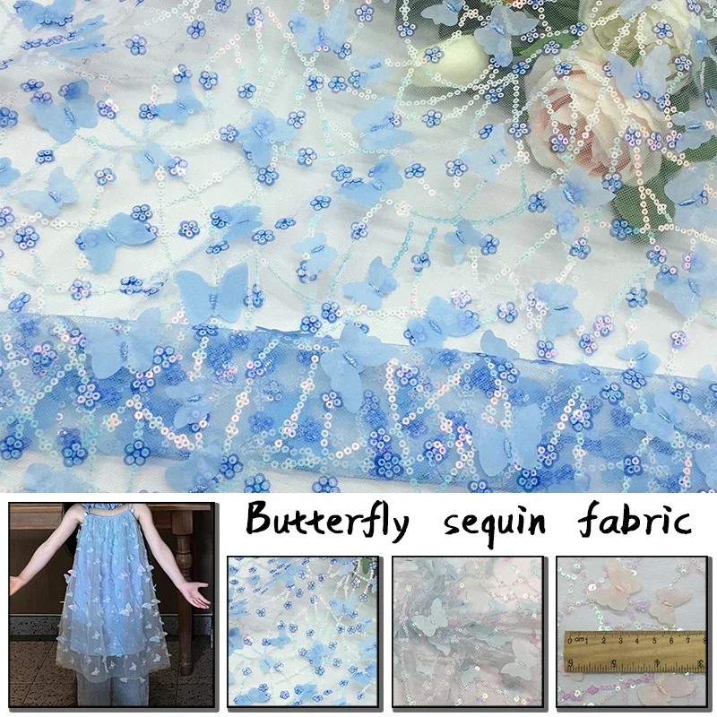 100x130cm 3D Butterfly Sequins Mesh Fabric High Quality Laser Embroidery Sequin Tulle Fabric DIY Dress Shawl Sewing Cloth