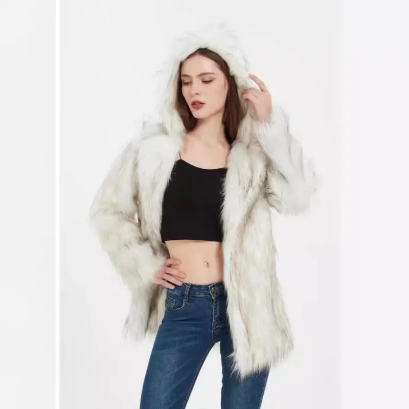 

Autumn Winter New Imitation Fox Hair Hooded Jacket Medium Long Women's Imitation Fur Jacket Thermal Coat Fashionable Comfort Top