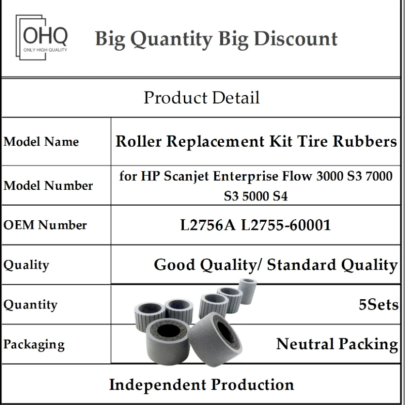 

5X Roller Replacement Kit Tire Rubbers for L2756A L2755-60001 HP Scanjet Enterprise Flow 3000 S3 7000 S3 5000 S4 Printer Parts