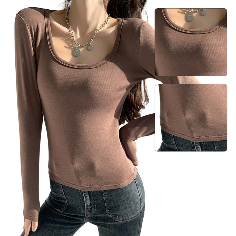 

Women Solid Color Skinny T-Shirt Basic Neck Long Sleeve Ribbed Crop Tops N7YE