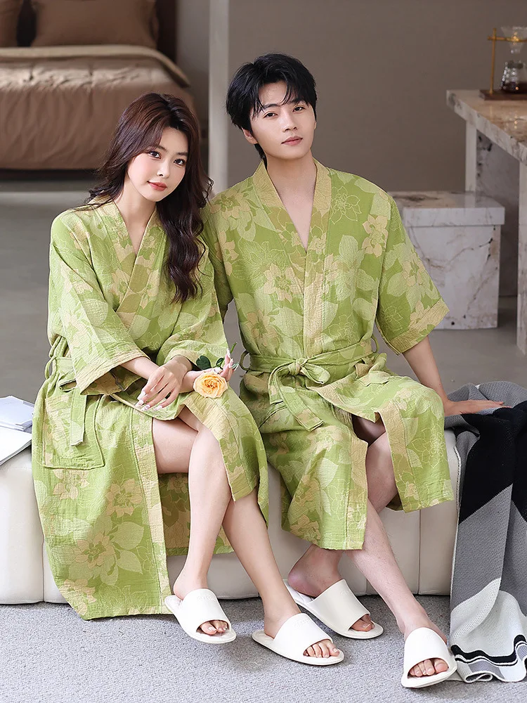 Couples Summer Thin Cotton Pajamas Home Clothes Absorbent Quick Dry Pure Cotton Double Layer Muslin Printed Robe plus Size