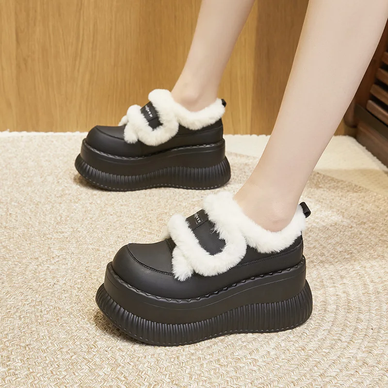 Women Winter White 8.5cm Thick Sole Loafer Shoes Fluffy Slip On with Fleece Lining Height Increasing