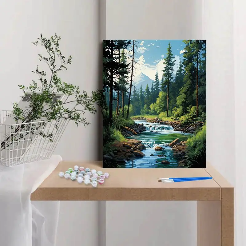 CHENISTORY Painting By Number Forest Stream Scenery Drawing On Canvas HandPainted Tree Gift DIY Picture By Number Kits Home Deco