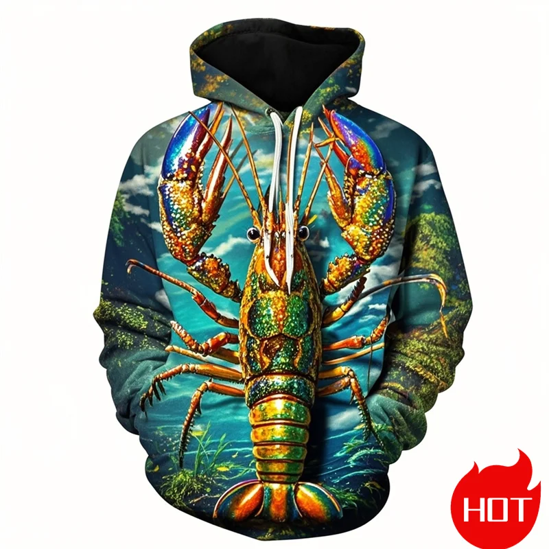 Autumn New 3D Printed Cute Animal Shrimp Hoodies Seafood Lobster Graphic Hooded Sweatshirts Kid Funny Pullover Mens Clothing Top