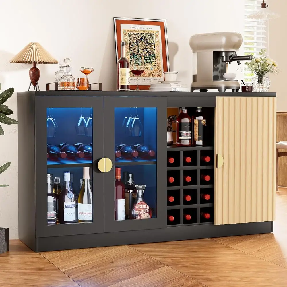 

55 LED-lit Wine & Liquor Cabinet with 12 Detachable Racks for Home Dining, Black