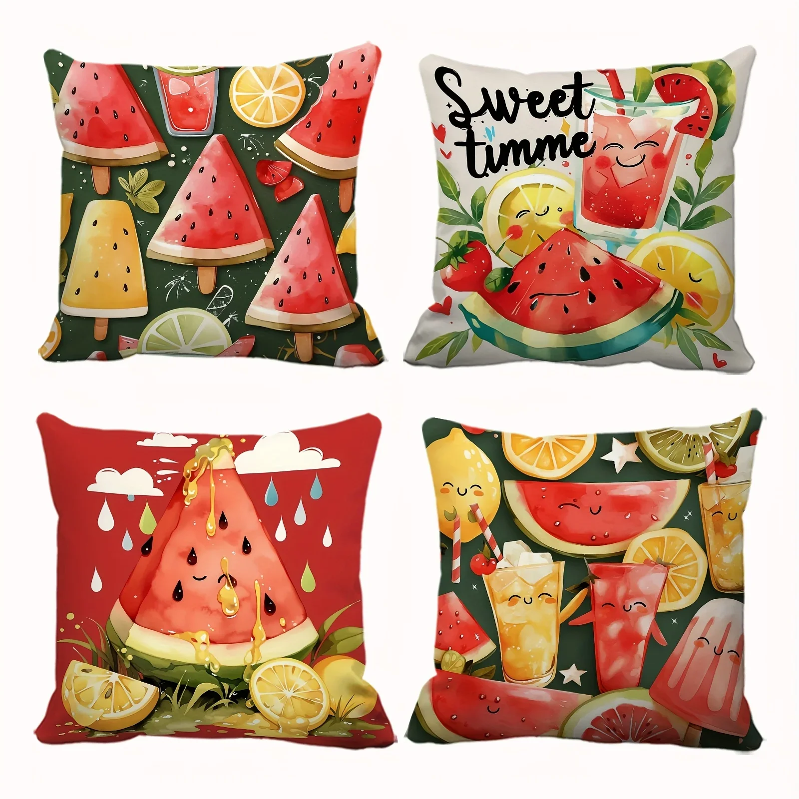 Set of 4 Cute Summer Fruit Picnic Throw Pillow Covers - Watermelon, Lemon, and Tropical Vibes Decor