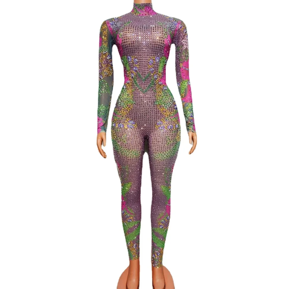 Tuta con strass multicolori scintillanti per le donne festeggia il vestito da compleanno per feste Costume da spettacolo di danza Sexy abbigliamento da palcoscenico