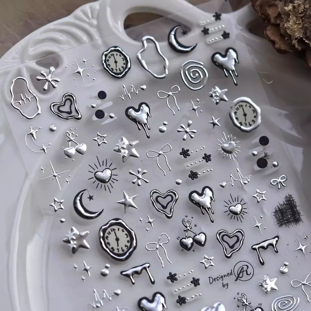 1 foglio 5D argento liquido a forma di cuore adesivo per nail art punk fiocco in rilievo piccolo fiore ciliegio pentagramma decalcomanie per unghie manicure fai da te