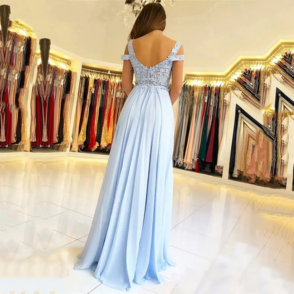 Sky Blue Side Split Long Bridesmaid Dresses Off Shoulder Appliques Party Gowns Lace Chiffon Wedding Guest Maid Of Honor Dress