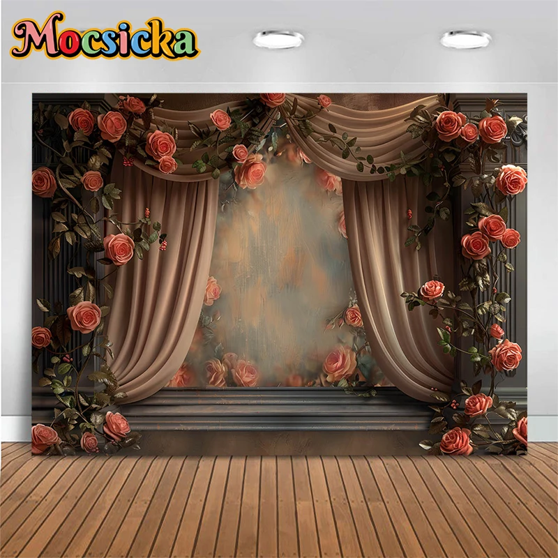 핑크 장미 사진 배경, 회색 벽 꽃 배경 장식, 생일 파티 배경, 어린이 스튜디오 사진 부스 소품