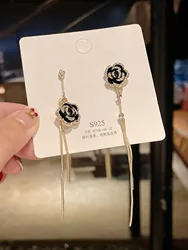 Tassel camellia earring pendant New Fashion Earrings Black Rose Long Temperament Flower Earrings
