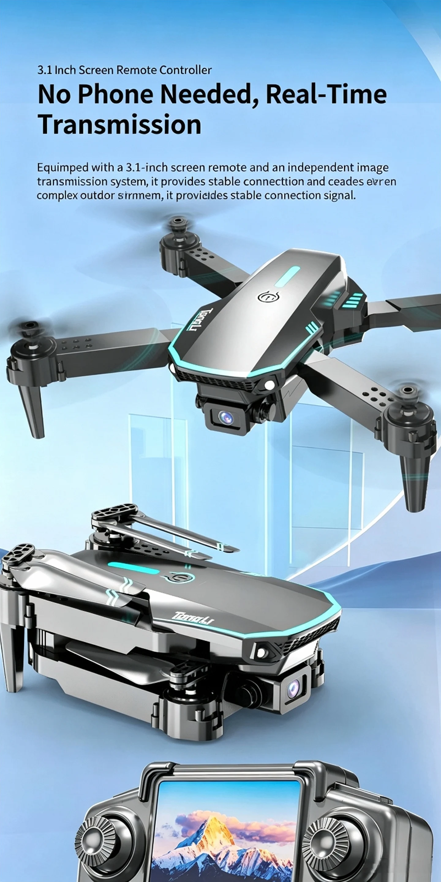 TONGLI Foldable Drone RC Quadcopter with 3.1‑Inch Large‑Screen Remote Control Single‑Camera Aerial Version One‑Key Takeoff Gesture Photo Headless Mode Long Battery Life Long‑Range Portable FPV Aircraft for Teen & Adult Beginners Ideal Photography Gift