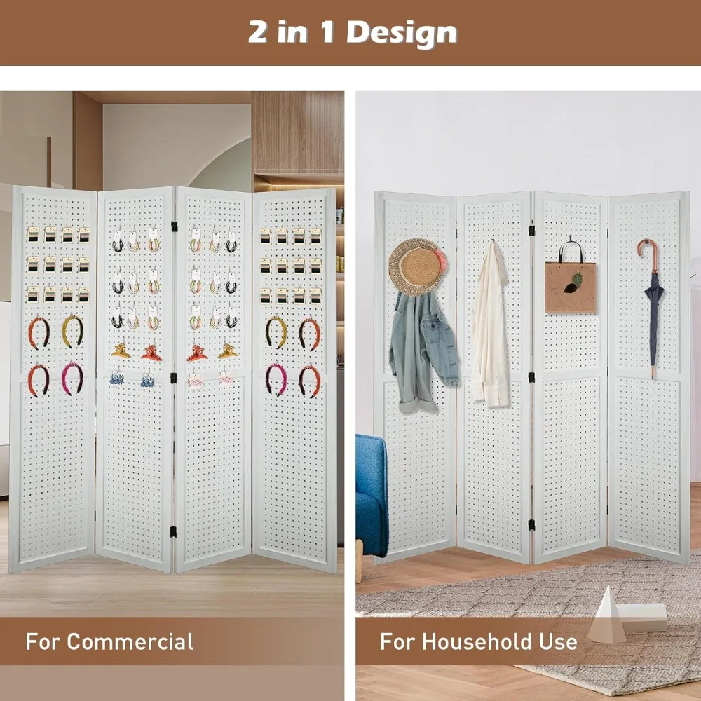 4 Panel Room Divider, 5.6Ft Pegboard Display Wooden Room Divider Folding Privacy Screen Room Divider Freestanding Peg Boa