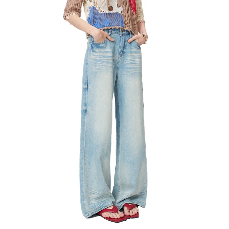 ELFSACK Light Wash Gradient Wide Leg Jeans, Casual Vintage Loose Bottom for Women, High Waist Straight Denim Pants