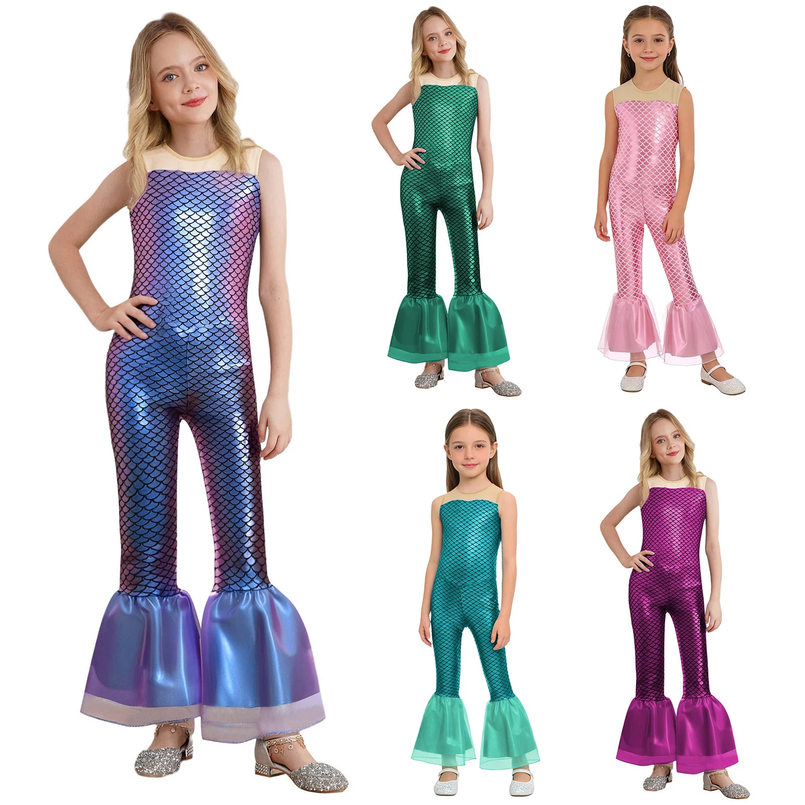 # ชุดคอสเพลย์นางเงือกฮาโลวีน 6-16 ปี ลายเกล็ดปลา ชุดจั๊มสูททรงบาน สำหรับงานปาร์ตี้ วันหยุด ชุดชายหาด ชุดแฟนซี