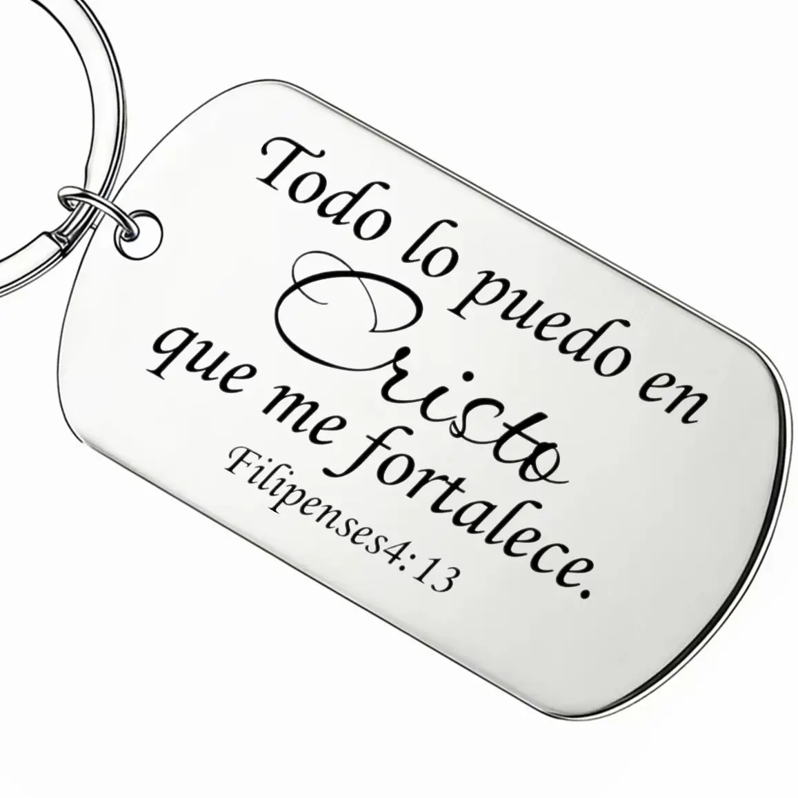 1 pièce Porte-clés en acier inoxydable gravé avec verset biblique espagnol, style plaque militaire, 'Todo Lo Puedo En Cristo' Philippiens 4:13, Cadeau